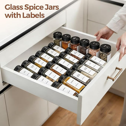 ComSaf Aesthetic Minimalist Glass Spice Jars with Labels, 24Pcs 4oz Empty Spice Containers with 93 Labels, Metal Funnel, Extra Shaker Lids, Square Spice Bottles for Kitchen Organization