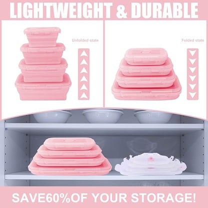 Collapsible Silicone Food Storage Containers with Lids,Set of 4 Silicone Lunch Box Containers,Foldable Meal Prep Container for Kitchen,Microwave & Dishwasher & Freezer Safe,BPA Free(Square Pink,4PCS)