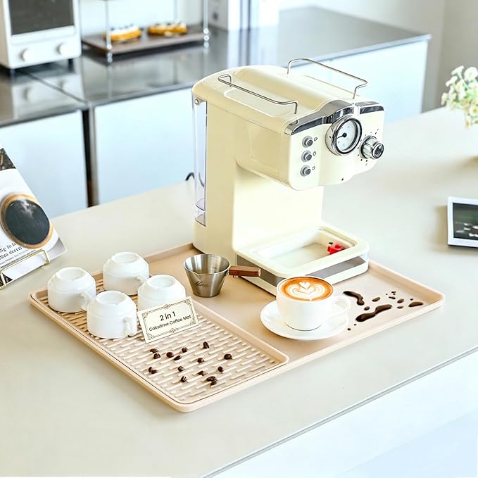Caketime 2 In 1 Silicone Coffee Bar Mat Accessories for espresso Machine with Detachable Dish Drying Rug Waterproof Kitchen Office House Gadgets Under Sink Drainer Supplies 16"x20" Beige