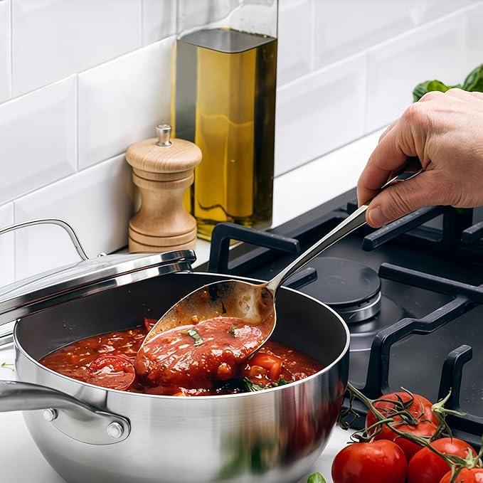 Abodpove Stainless Steel Cooking Spoons Set - Serving Spoons For Cooking, Large Cooking Serving Spoon & Slotted Spoon, Easy to Clean Kitchen Spoons Set, Dishwasher Safe