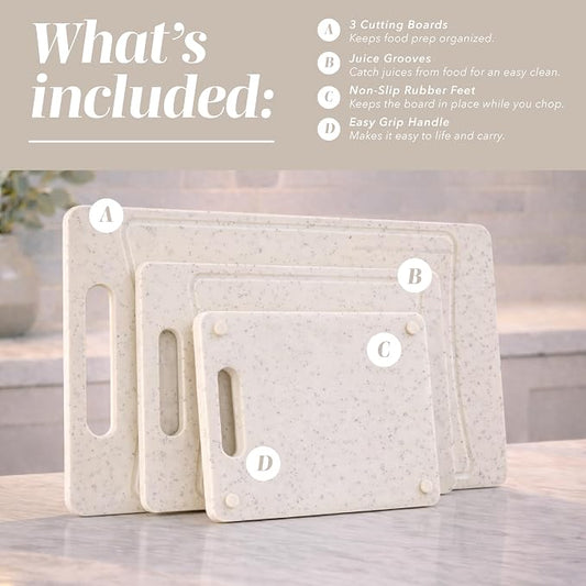 COOK WITH COLOR Non-Slip Cutting Board Set – Kitchen Essentials with Easy Grip Handle for Meat, Veggies, and Fruits, 3 Cutting Boards, Speckled White