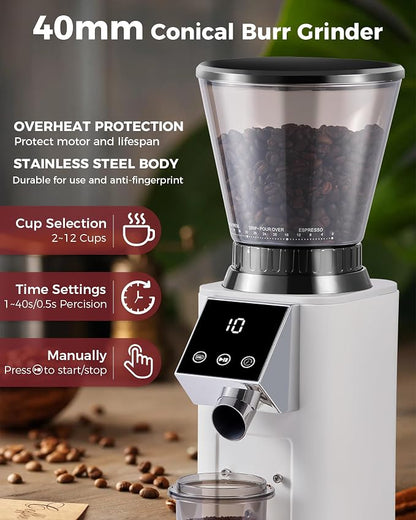 Tuni G1 Ivory Conical Burr Coffee Grinder with Black Digital Coffee Scale, 48 Grind Settings Anti-static Coffee Bean Espresso Grinder for Espresso/Drip/Cold Brew/French Press