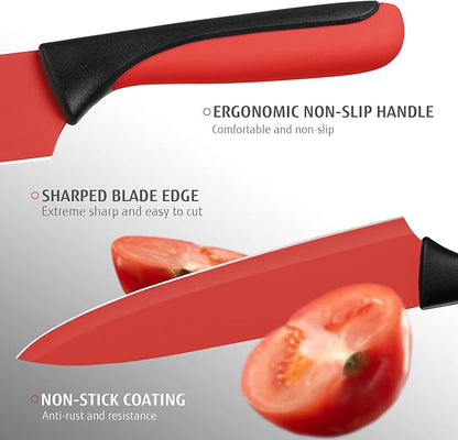 hecef 14 Pieces Kitchen Knife Set with Built-in Sharpening Wooden Block, Dishwasher Safe, High Carbon Stainless Steel Knife Block Set with Steak Knives, Kitchen Scissors (Red)