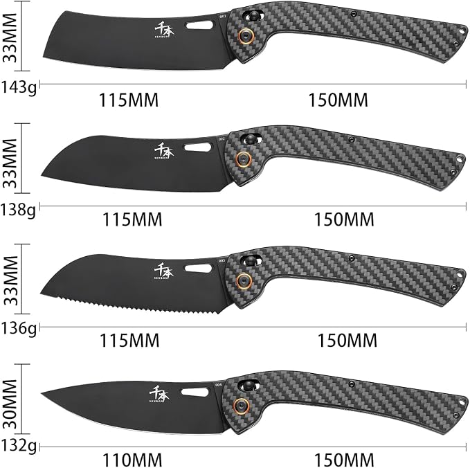 SENBON foldable chef's knife, AUS-8 stainless steel with black titanium plating, carbon fiber handle with back clip, Fruit knife, bread knife 4-piece set