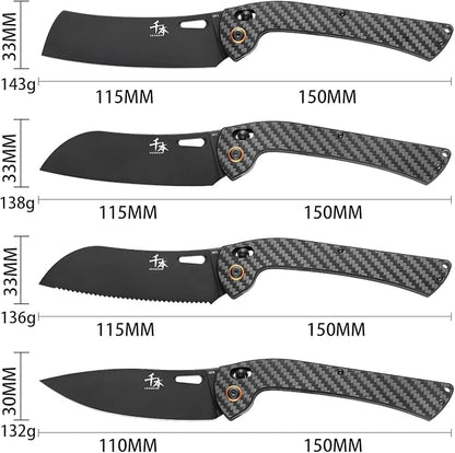 SENBON foldable chef's knife, AUS-8 stainless steel with black titanium plating, carbon fiber handle with back clip, Fruit knife, bread knife 4-piece set