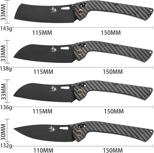 SENBON foldable chef's knife, AUS-8 stainless steel with black titanium plating, carbon fiber handle with back clip, Fruit knife, bread knife 4-piece set