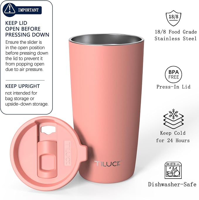 TILUCK 20 oz Insulated Tumbler with BPA-Free Lid, Stainless Steel Vacuum Travel Coffee Mug, Double Wall Coffee Tumbler（20oz，Matte CoralRed）