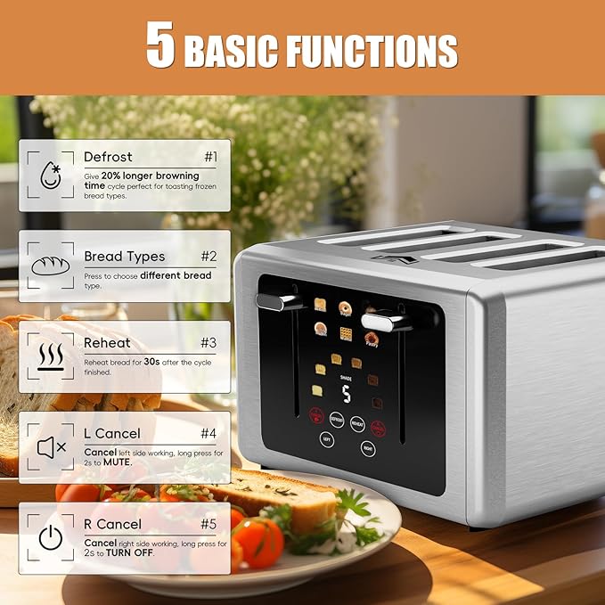 WUNLY Smart Digital 4 Slice Toaster with Touchscreen,Extra Wide 1.5" Slots for Bagel, 6 Bread & Browning Settings, Defrost/Reheat & Sound Control, Stainless Steel