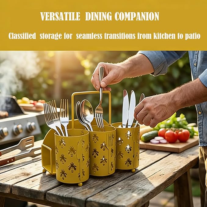 NelyBet Bee Utensil Caddy Silverware Holder Fork Spoon Napkin Paper Plate Organizer Metal Utensil Holder Cutlery Flatware Organizers for Party Kitchen Countertop Camping Picnic - Gold