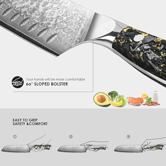 KEENZO Santoku knife 7 inch, Sharp Chef Knife, Professional kitchen knives,Japanese Hand Forged 67 Layers Hammered Damascus Steel Cooking Knife,Gold Foil Resin Handle with gift box