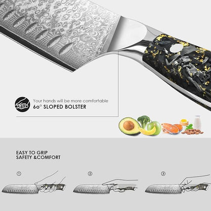 KEENZO Santoku knife 7 inch, Sharp Chef Knife, Professional kitchen knives,Japanese Hand Forged 67 Layers Hammered Damascus Steel Cooking Knife,Gold Foil Resin Handle with gift box