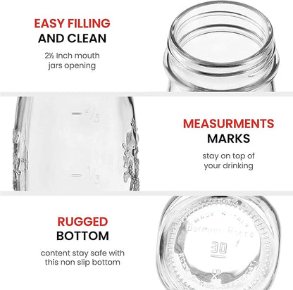 Bormioli Rocco Quattro Stagioni Bottles (Set of 6) - 13.5 Oz. Clear Glass with Twist Lids for Food Preserving, Beverage Serving, Homemade Gifts, Sauces & Infused Drinks - Airtight, Made in Italy