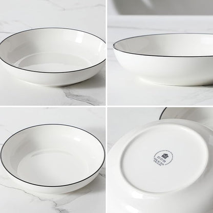 MALACASA 8.85" Large Pasta Bowls, 42 OZ White Salad Bowls Soup Bowls, Porcelain Serving Bowls Set of 4, Ivory White & Black Rim, Microwave & Dishwasher Safe, Series REGULAR