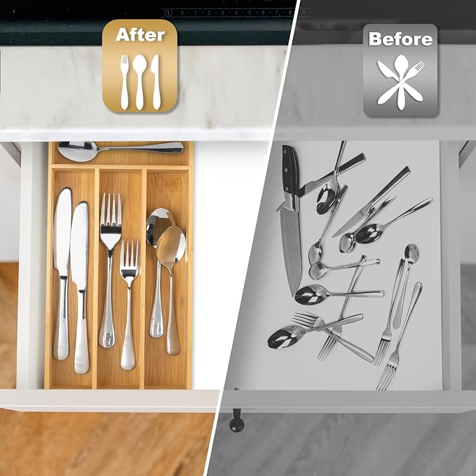 Silverware Organizer - Bamboo Kitchen Drawer Utensil Holder with 4 Slots (Natural)