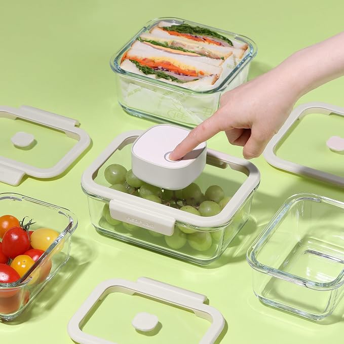 Neoflam Vacu Seal 13-Piece Vacuum Food Storage Set – Borosilicate Glass with Vacuum Pump | Airtight Stackable Containers with Steam-Valve Lids | Oven Freezer Dishwasher Microwave Compatible