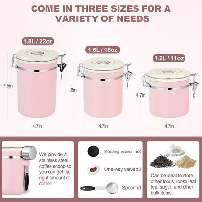 ShanSon Coffee Canister Airtight, Stainless Steel Bean Storage Container with Date Tracker & Scoop, Grounds Sugar Flour Tea Cereal Fits Kitchen Pantry, Ideal Gift for Coffee Lovers,22oz, Pink