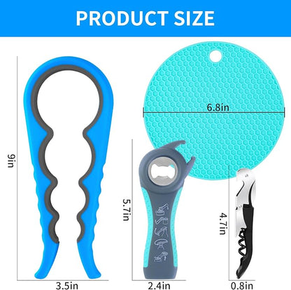 Bloss Anti-skid Jar Opener Can Opener Kitchen Grippers, 4 in 1 Multi Function Bottle Opener Lid Opener for Seniors with Arthritis, Caps and Bottles Kitchen Gadgets For Small Hands or Seniors, Blue