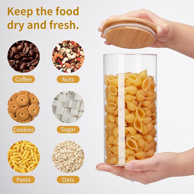 Glass Food Storage Jars with Lids[Set of 5], Perfect for Pasta, Cookies, Nuts, Coffee, Cereal, Flour, Organize Your Kitchen and Pantry with these BPA-Free Glass Jars with Canisters