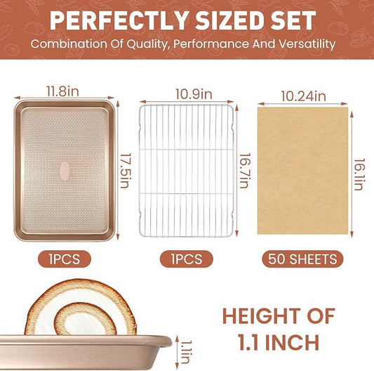 Heavy Duty Baking Sheet with Wire Rack Set, Thickened Carbon Steel pan 17.5"x11.8" with Cooling Rack, Nonstick Baking Pan Warp Resistant, 50 Parchment Sheets for Baking Cookie, Roasting Veggie & Bacon