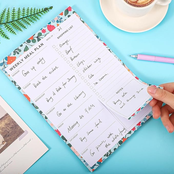 60 Sheet Meal Planner for Fridge, Magnetic Weekly Meal Planner & Grocery List with Tear-off Shopping List for Meal Prep, 7x10''-Flower Design