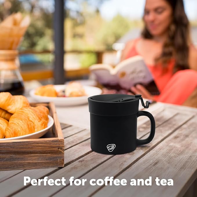 Silipint 16oz Silicone Coffee Mug Tumbler with Flip Lid – Unbreakable Dishwasher Safe Microwave Oven & Freezer Compatible – Non-Toxic Reusable Cup, Coffee Tea, Cold Drinks, Classic Black - Pack of 2