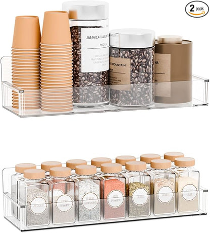 Yieach 2 Pack Acrylic Spice Shelf and Hanging Spice Rack Wall Mount with Adhesive for Inside Cabinets Door,Pantry Door,Kitchen and Rv,Narrow Stick on Spice Organization for Seasoning,Jar,Can Shelf