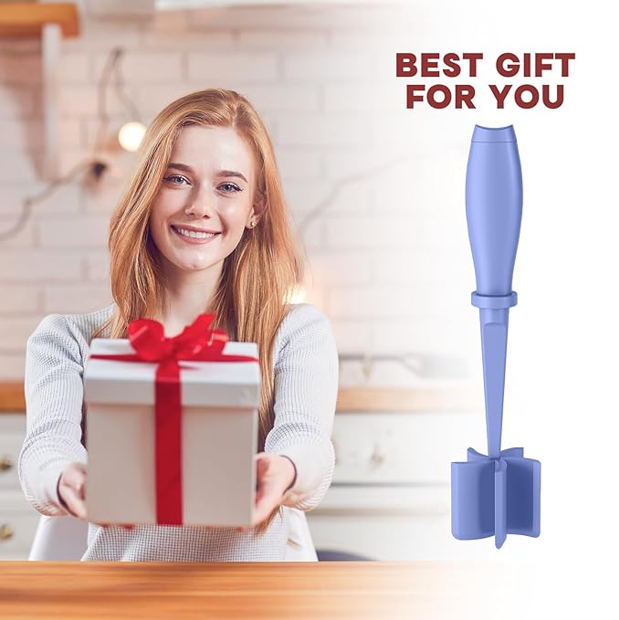 Woman holding a gift with a red ribbon, next to a blue kitchen tool with text 'Best Gift For You'.
