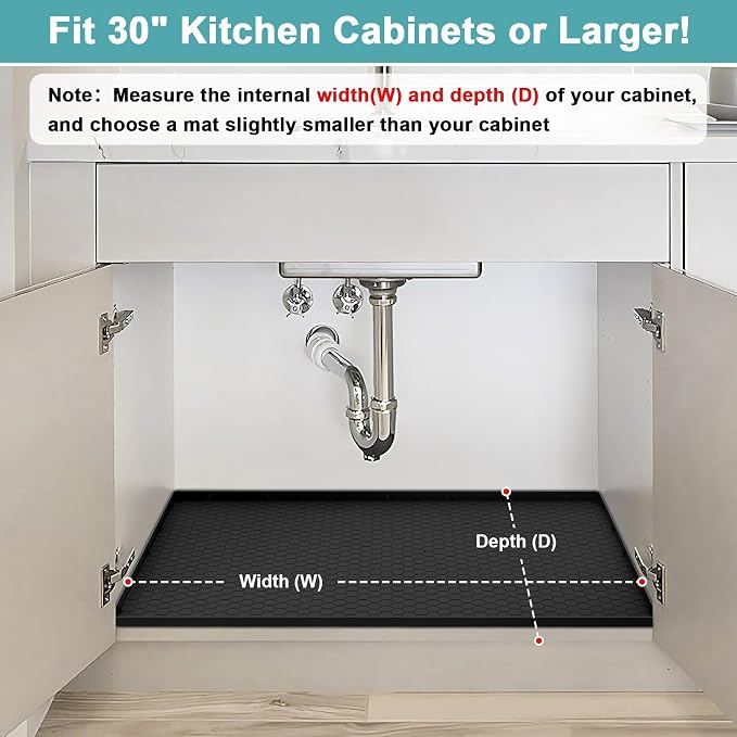 Under Sink Mat 28" x 22", Silicone Under Kitchen Sink Mat, Waterproof Under Sink Protector Mat, Shelf Liners Cabinet Liner for Kitchen and Bathroom, Black