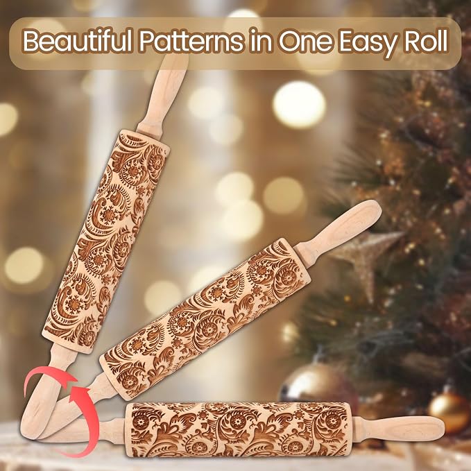 Christmas Embossed Rolling Pin for Baking Cookies Embossing Rolling Pins with Design Wooden Engraved Springerle Roller Pin Dough Snowflake Paisley Patterned Clay Pottery Ceramic Bakers (Floral Frost)