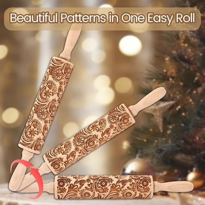 Christmas Embossed Rolling Pin for Baking Cookies Embossing Rolling Pins with Design Wooden Engraved Springerle Roller Pin Dough Snowflake Paisley Patterned Clay Pottery Ceramic Bakers (Floral Frost)