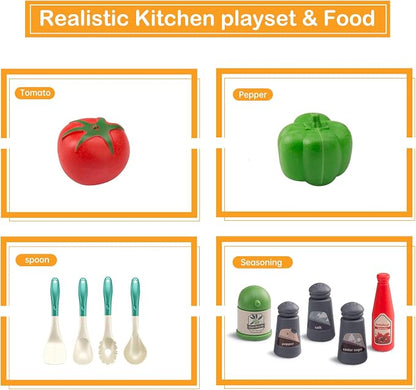 Bruvoalon 32Pcs Kids Play Kitchen Toys Set, Toddlers Pretend Cooking Playset Acccessories with Pots Pans, Utensils Cookware, Foods, Canned Veges, Learning Gift for Kids Girls Boys (Green)