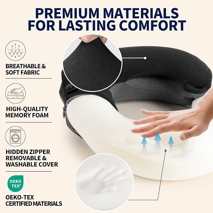BUYUE Kids Travel Pillows for Airplane, Memory Foam 360° Head Support Sleeping Essentials for Long Flight, Skin-Friendly Soft Neck Pillow for Traveling in Car Seat, (Small, Black Grey, 40-90 lbs)