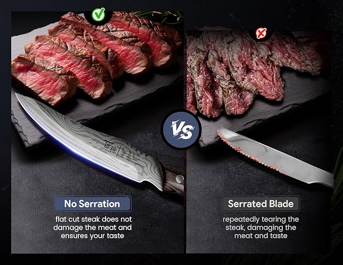 SYOKAMI Steak Knives Set of 6 with Drawer Organizer, 4.8 Inch High Carbon Japanese Style Non Serrated Meat Knife with Wood Handle, Damascus Pattern Full Tang Design, Razor-Sharp Dinner Knives