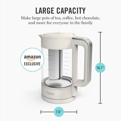 Martha Stewart Electric Kettle with Removable Stainless Steel Tea Infuser, Glass Carafe 1.7L (7 Cups), Hot Water Boiler, 4 Presets, Keep Warm & Auto Shut-Off, Cordless 360° Swivel Base, Linen Cream