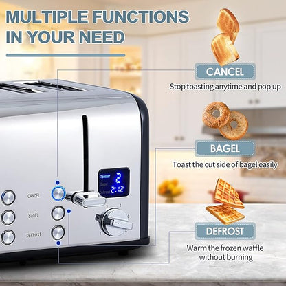 CUSIMAX 4 Slice Toaster, Ultra-Clear LED Display & Extra Wide Slots, Stainless Steel Toaster with Dual Control Panels of 6 Shade Settings, Cancel/Bagel/Defrost Function, Removable Crumb Trays, Black