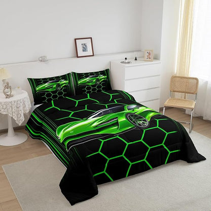 Manfei Honeycomb Geometric Boys Girls Comforter Set Full Size,Racing Car Theme Duvet Set Teens Bedroom Decor,Extreme Sports Microfiber Soft Bedding
