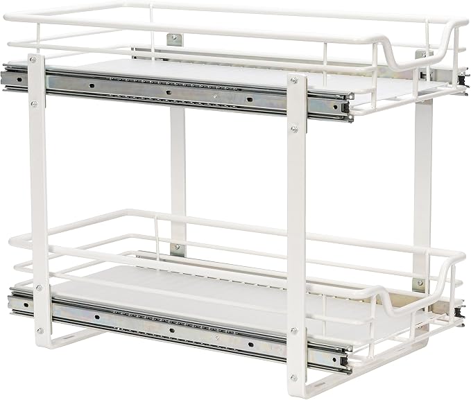 Household Essentials White Powder-Coated Steel Dual-Tier Slide Organizer with Plastic Accents