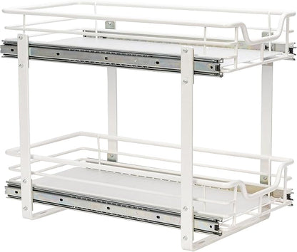 Household Essentials White Powder-Coated Steel Dual-Tier Slide Organizer with Plastic Accents