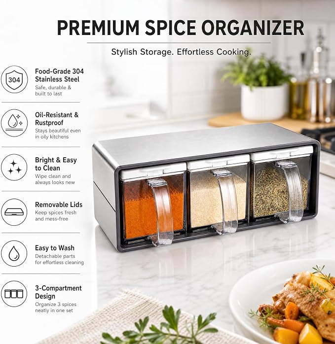 ZENFUN 3 Grids Seasoning Organizer Box, Stainless Steel Salt Container with Lid and Spoon, Seasoning Containers with Stainless Steel Rack for Home, Kitchen, Cafe, Storing Salt, Sugar, Pepper, Spice