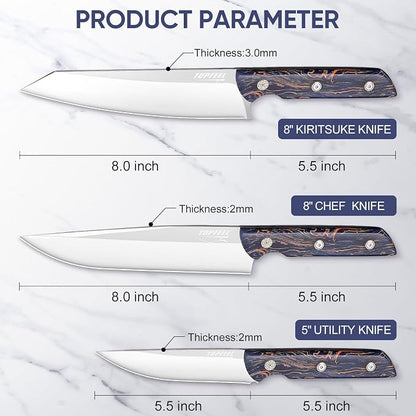 Topfeel Professional Chef Knives Set 3 pcs Sharp Knife -8" Chefs Knifes& 8" Kiritsuke Knife& 5" Utility Knife, German Stainless Steel Chef Knives Set for Kitchen Home Gift