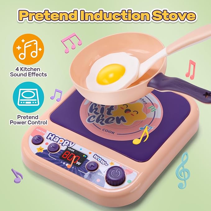 CUTE STONE Kids Kitchen Accessories, Toy Pots & Pans Set with Sound & Light Induction Cooktop, Cuttable & Peelable Play Food, Play Cookware, Educational Role Play Gift for Toddlers & Kids Ages 3+