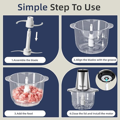 Electric Food Processor Vegetable Chopper, Easy Clean Meat Grinder with 2 Bowls (8 Cup Stainless Steel+8 Cup Glass), Small Food Mixer for Fruits/Meat/Nuts/Fish/Veggie/Pet Food/Baby Food