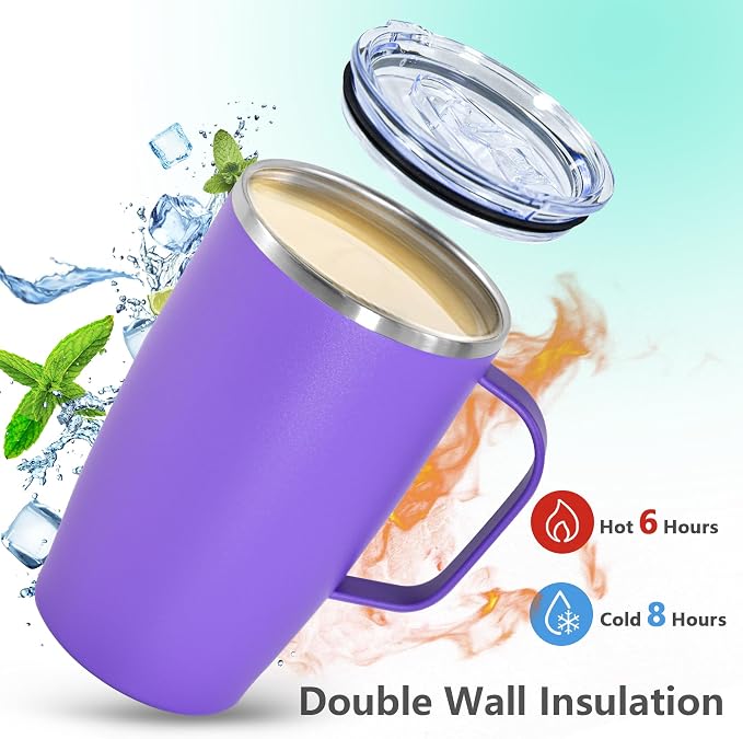 16oz Coffee Mug with Handle, 2Pack Insulated Coffee Tumblers with Lid and Straw, Double Wall Vacuum Travel Coffee Mug with Handle for Coffee Tea Milk Fruit Juice, Black&Purple