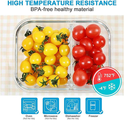DAS TRUST 3 Pack Glass Food Storage Containers 2 Compartments Glass Meal Prep Containers with Lids for Adult Food Prep Containers with Divider Reusable Lunch Bento Box