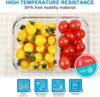 DAS TRUST 5 Pack 36oz Food Storage Containers 2 Compartment Glass Meal Prep Containers with Lids Lunch Containers for Adult with Dividers Reusable Lunch Bento Box Meal Prep Bowls
