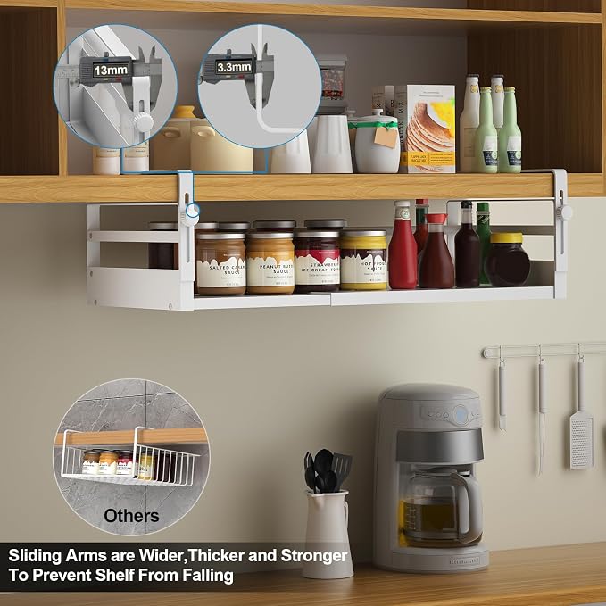 AmonHouseware 2Pack Under Shelf Basket Organizer, Adjustable Under Cabinet Shelf Storage, Hanging Holder Length Stretchable 13-21Inch for Kitchen Pantry Desk Counter Bookshelf Cupboard (White)