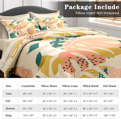Pamnest Comforter Set Twin Size, Monstera Palm Leaf Botanical 5 Pcs Bedding for Kids and Adults, Spring Summer Green Bed Sheet Sets with Fitted Sheet Pillowcase & Sham for Bedroom Bed Decor