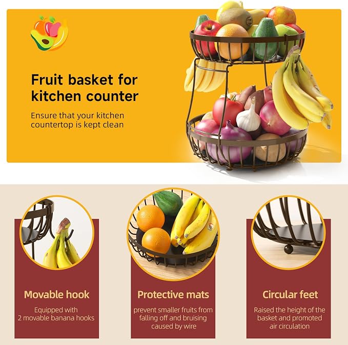 Sevenblue 2 Tier Fruit Basket for Kitchen Counter with 2 Banana Hangers, 2026 Pro Detachable Metal Fruit Bowl with Wooden Handle,Fruit Holder for Bread Snack Veggies, Brown Extra Large