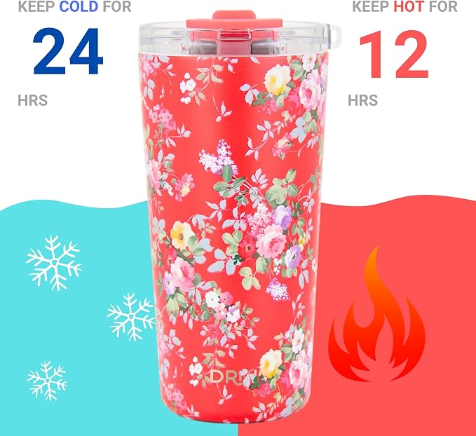 Drinco - 20 oz Stainless Steel Tumbler | Double Walled Vacuum Insulated Mug With Lid, 2 Straws, For Hot & Cold Drinks (20oz Peony Floral)