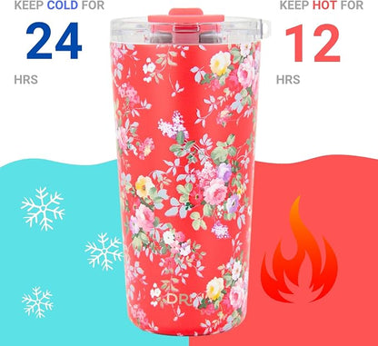 Drinco - 20 oz Stainless Steel Tumbler | Double Walled Vacuum Insulated Mug With Lid, 2 Straws, For Hot & Cold Drinks (20oz Peony Floral)